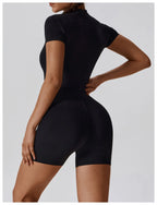 Zipper Short-Sleeve Yoga Bodysuit | Push-Up Gym Tracksuit