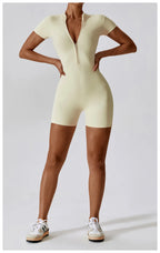Zipper Short-Sleeve Yoga Bodysuit | Push-Up Gym Tracksuit