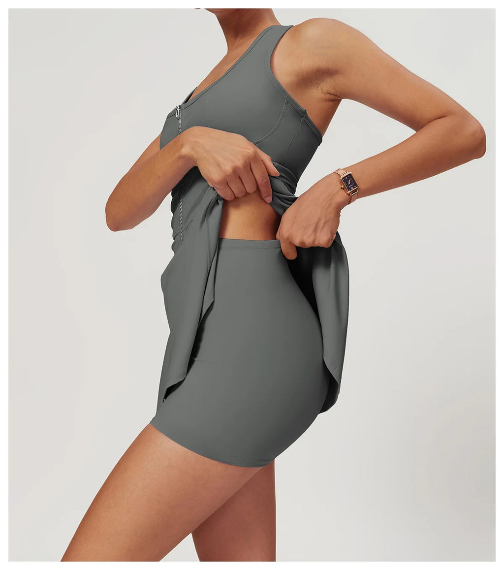 Sleeveless Zipper Yoga Dress Bodysuit