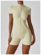 Zipper Short-Sleeve Yoga Bodysuit | Push-Up Gym Tracksuit