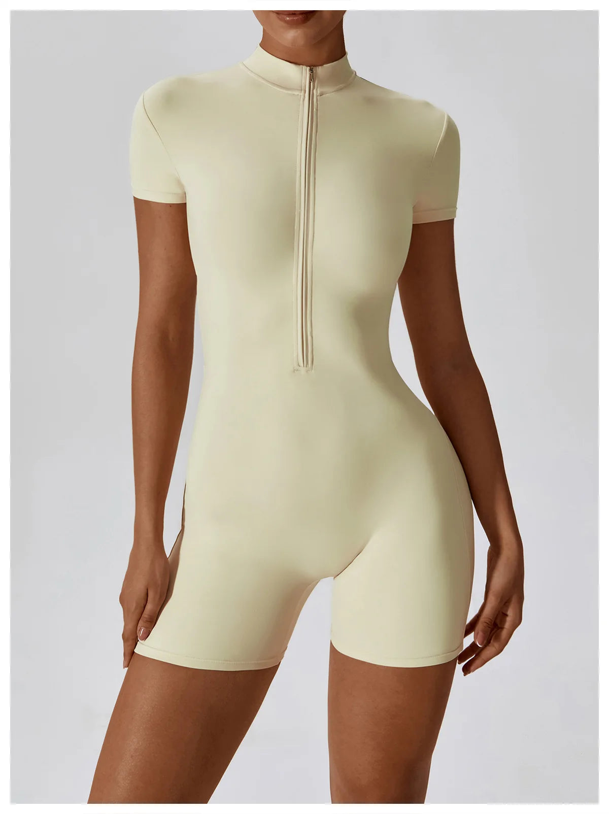 Zipper Short-Sleeve Yoga Bodysuit | Push-Up Gym Tracksuit