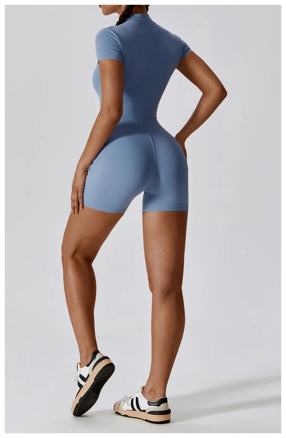 Zipper Short-Sleeve Yoga Bodysuit | Push-Up Gym Tracksuit