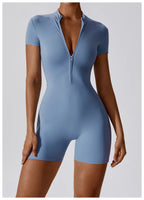 Zipper Short-Sleeve Yoga Bodysuit | Push-Up Gym Tracksuit