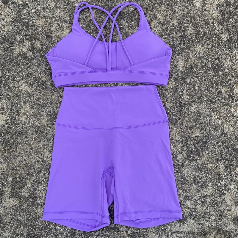NLW Cross-Back Sports Bra & Short Leggings 2-Piece Tracksuit – Seamless Gym Workout Set