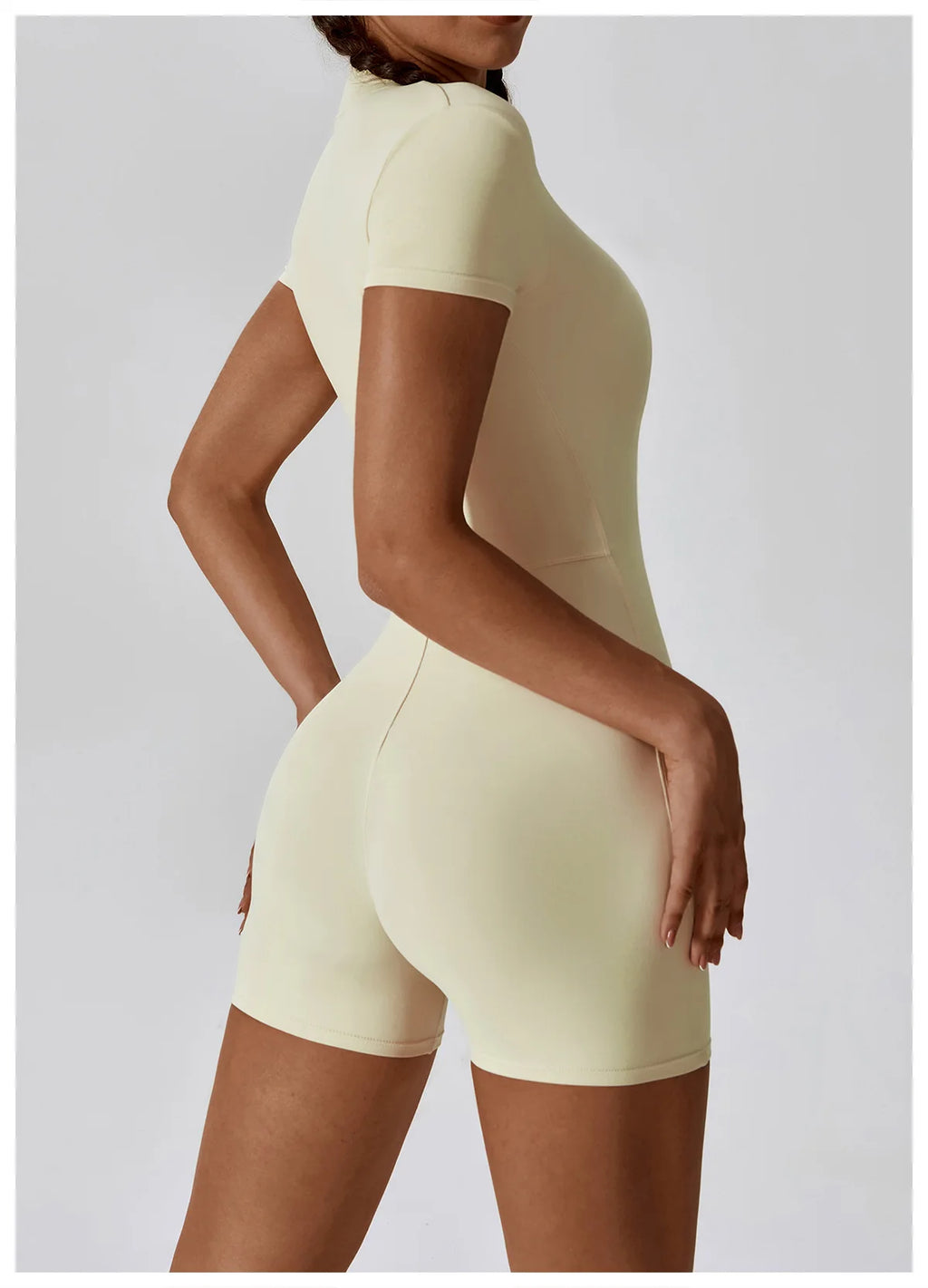 Zipper Short-Sleeve Yoga Bodysuit | Push-Up Gym Tracksuit