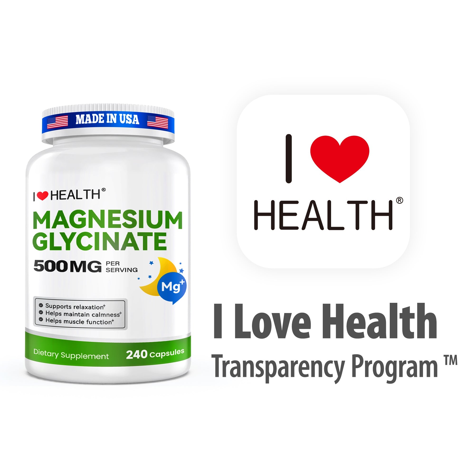 Magnesium Glycinate  – 240 Capsules – High Absorption Magnesium Supplement for Relaxation, Calmness & Muscle Support – Gentle on Stomach – Made in USA